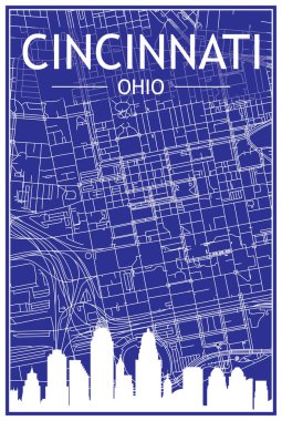 Şehir merkezindeki CINCINNATI, OHIO 'nun mavi arka planında panoramik siluet ve elle çizilmiş sokak şebekesi olan şehir posterinin teknik çıktısı.