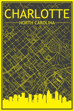 Sarı renkli şehir posteri, panoramik silueti ve elle çizilmiş sokak ağıyla ChARLOTTE 'nin koyu gri arka planı, Kuzey CAROLINA