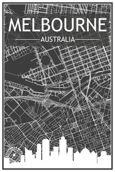 ダウンタウンの暗い灰色の背景にパノラマのスカイラインと手描きの通りのネットワークを持つ暗い印刷都市のポスター メルボルン オーストラリア — ストックベクタ