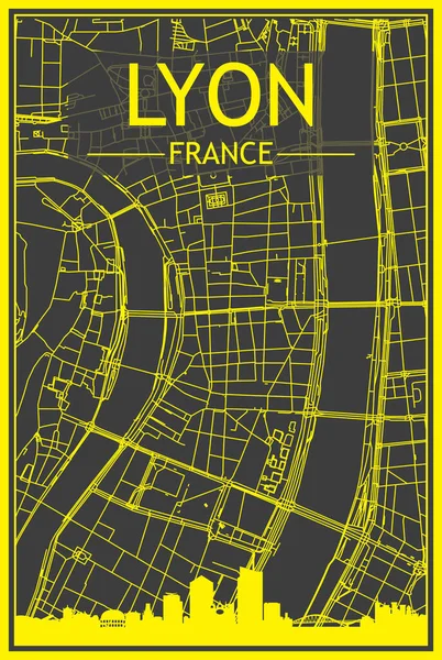 Affiche Ville Imprimée Jaune Avec Skyline Panoramique Réseau Rues Dessinées — Image vectorielle