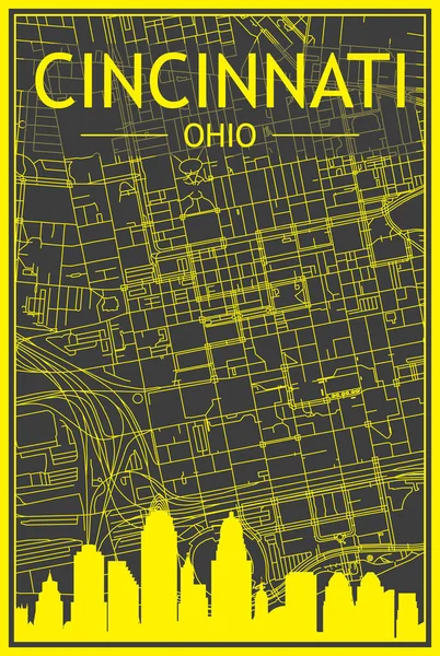 Sarı renkli şehir posteri panoramik silueti ve el çizimi sokak ağı ile şehir merkezi CINCINNATI 'nin koyu gri arka planı, OHIO