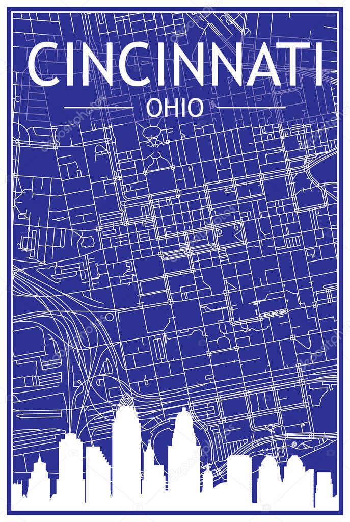 Technical drawing printout city poster with panoramic skyline and hand-drawn streets network on blue background of the downtown CINCINNATI, OHIO