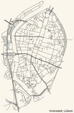 Alman bölgesel başkenti Lbeck 'in INNENSTADT DISTRICT şehir haritasının ayrıntılı seyir çizgileri