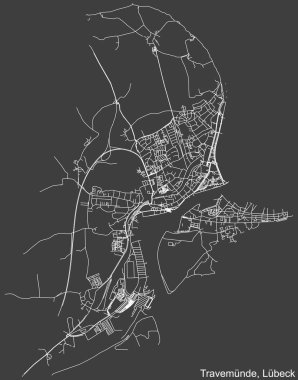 Almanya 'nın başkenti Lbeck' in TRAVEMNDE DISTRICT şehir haritasının beyaz çizgileri koyu gri arka plan üzerine ayrıntılı olarak çizildi