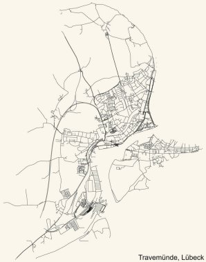 Almanya 'nın başkenti Lbeck' in TRAVEMNDE DISTRICT 'inin klasik bej arka planında yer alan şehir caddelerinin ayrıntılı navigasyon siyah çizgileri