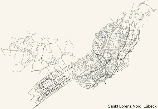 Alman bölgesel başkenti Lbeck, Almanya 'nın klasik bej arka planında yer alan LORENZ-NORD DISTRICT şehir haritasının ayrıntılı navigasyon kara hatları