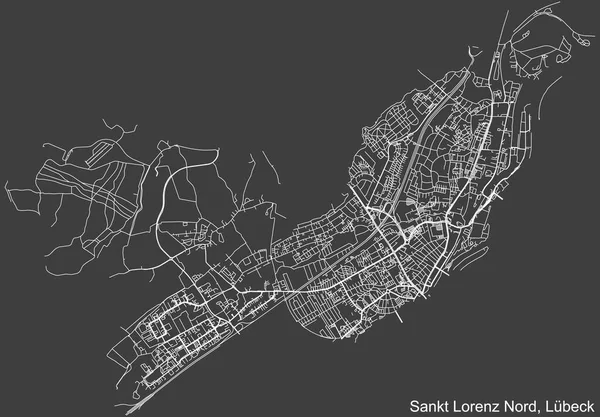 Almanya 'nın başkenti Lbeck' teki LORENZ-NORD DISTRICT 'in koyu gri arka plan haritası üzerinde ayrıntılı olumsuz navigasyon beyaz çizgileri.
