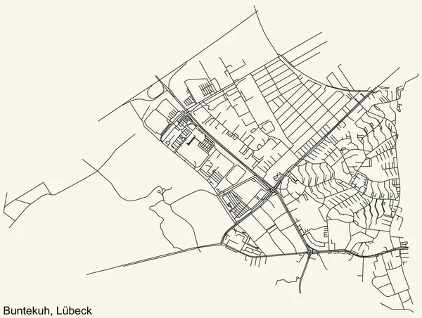 Detaillierte Navigation Schwarze Linien Stadtstraßenplan Des Buntekuh District Der Landeshauptstadt — Stockvektor