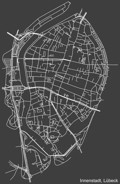 Almanya 'nın başkenti Lbeck' in INNENSTADT DISTRICT şehir haritasının beyaz çizgileri koyu gri arka plan üzerine ayrıntılı olarak çizildi