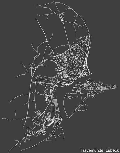 Almanya 'nın başkenti Lbeck' in TRAVEMNDE DISTRICT şehir haritasının beyaz çizgileri koyu gri arka plan üzerine ayrıntılı olarak çizildi