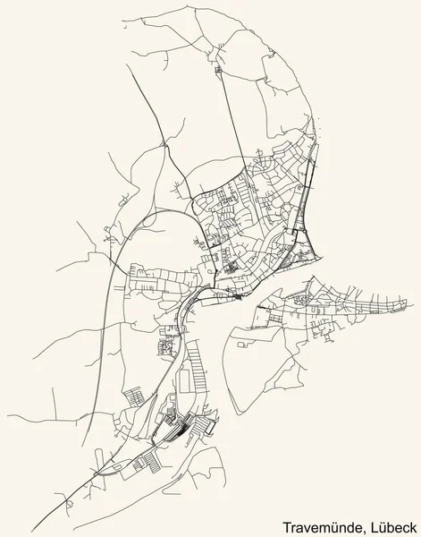 Almanya 'nın başkenti Lbeck' in TRAVEMNDE DISTRICT 'inin klasik bej arka planında yer alan şehir caddelerinin ayrıntılı navigasyon siyah çizgileri