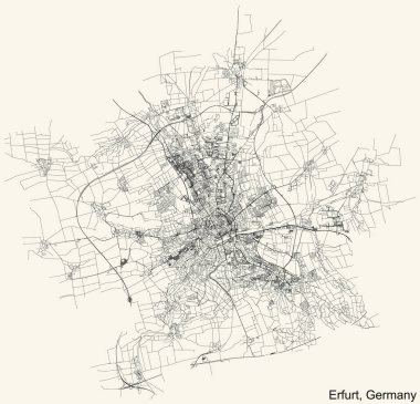 Alman bölgesel başkenti ERFURT, GERMANY 'nin klasik bej arka plan üzerindeki kentsel sokak haritasının ayrıntılı navigasyon siyah hatları