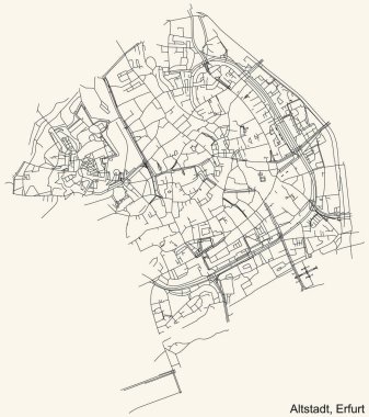 Alman bölgesel başkenti Erfurt 'un ALTSTADT DISTRICT şehir haritasının ayrıntılı navigasyon siyah hatları klasik bej arka planda