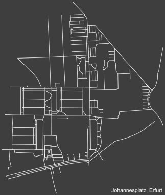Almanya 'nın başkenti Erfurt' taki JOHANNESPLATZ DISTRICT 'in şehir caddeleri haritasının ayrıntılı olumsuz seyrüsefer çizgileri koyu gri arka plan üzerine