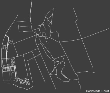 Almanya 'nın başkenti Erfurt' un şehir merkezi HOCHSTEDT DISTRICT 'inin koyu gri arka plan üzerindeki şehir caddelerinin ayrıntılı haritası