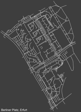 Almanya 'nın başkenti Erfurt' un BERLINER PLATZ DISTRICT şehir haritasının beyaz çizgileri koyu gri arka plan üzerine ayrıntılı olarak çizildi