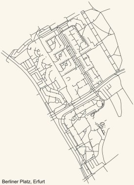 Alman bölgesel başkenti Erfurt 'un BERLINER PLATZ DISTRICT şehir haritasının ayrıntılı navigasyon kara hatları klasik bej arka planda