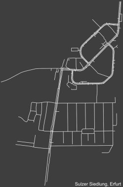 Almanya 'nın başkenti Erfurt' ta bulunan SULZER SIEDLUNG DISTRICT 'nin şehir caddeleri haritası, koyu gri arka plan üzerine ayrıntılı olumsuz navigasyon beyaz çizgileri.