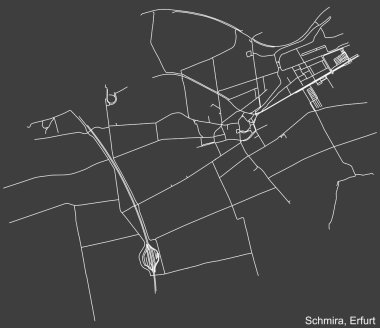 Almanya 'nın başkenti Erfurt' un SCHMIRA DISTRICT kentsel yol haritasının koyu gri arka planına ilişkin ayrıntılı negatif navigasyon beyaz çizgileri