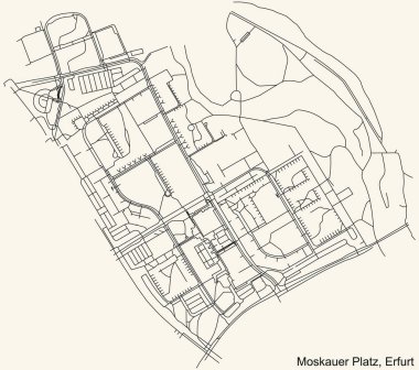 Alman bölgesel başkenti Erfurt 'un MOSKAUER PLATZ DISTRICT şehir haritasının ayrıntılı navigasyon kara hatları klasik bej arka planda