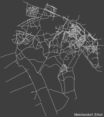 Almanya 'nın başkenti Erfurt' un MELCHENDORF DISTRICT şehir haritasının, koyu gri arka plan üzerine ayrıntılı olumsuz navigasyon beyaz çizgileri