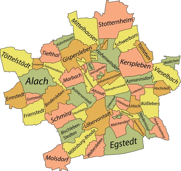 Erfurtのパステルフラットベクトル管理マップ その地区の名前タグと黒の境界線とドイツ — ストックベクタ
