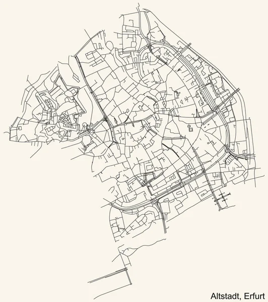 Alman bölgesel başkenti Erfurt 'un ALTSTADT DISTRICT şehir haritasının ayrıntılı navigasyon siyah hatları klasik bej arka planda