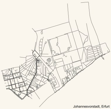 Almanya 'nın bölgesel başkenti Erfurt' un JOHANNESVORSTADT BÖLGESİ 'nin şehir caddeleri haritası, koyu gri arka plan üzerine ayrıntılı olumsuz navigasyon.