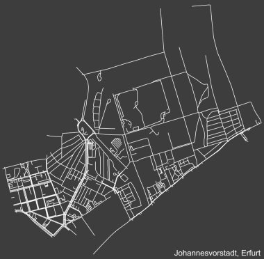 Almanya 'nın bölgesel başkenti Erfurt' un JOHANNESVORSTADT BÖLGESİ 'nin şehir caddeleri haritası, koyu gri arka plan üzerine ayrıntılı olumsuz navigasyon.