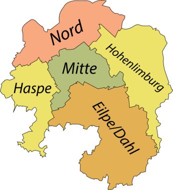 HAGEN 'in Pastel düz vektör idari haritası, bölgelerinin isim etiketleri ve siyah sınır çizgileriyle GERMANY