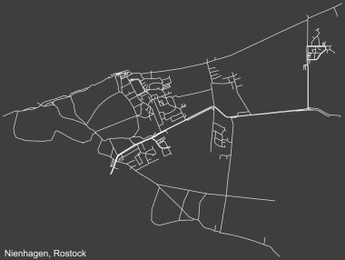 Almanya 'nın bölgesel başkenti Rostock' un NIENHAGEN DISTRICT 'inin koyu gri arkaplan üzerinde yer alan şehir caddeleri haritası