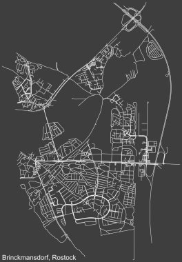 Alman bölgesel başkenti Rostock, Almanya 'nın BrINCKMANSDORF DISTRICT' in şehir caddeleri haritası üzerinde ayrıntılı olumsuz navigasyon beyaz çizgileri koyu gri arka plan üzerine