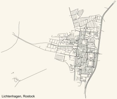 Alman bölgesel başkenti Rostock 'un LICHTENHAGEN DISTRICT şehir haritasının ayrıntılı seyrüsefer kara hatları klasik bej arka planda Almanya
