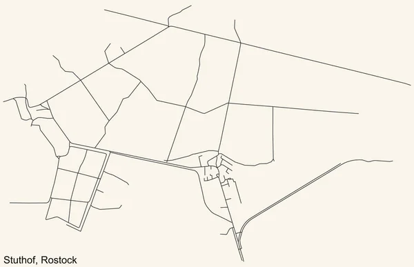 Navegação Detalhada Black Lines Urban Street Roads Mapa Stuthof District —  Vetores de Stock