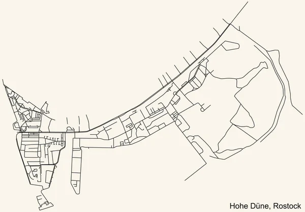 詳細ナビゲーションブラックラインヴィンテージベージュの背景にドイツの首都ロストックのHohe Dne地区の都市道路地図 — ストックベクタ