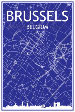 BRÜKSEL, BELGIUM 'un mavi arka planında panoramik silueti ve el çizimi sokak ağı olan şehir posterinin teknik çıktısını al