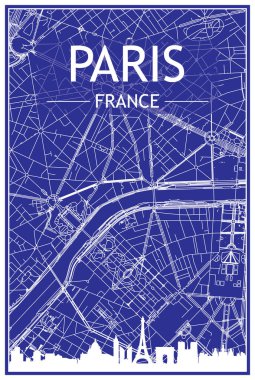 PARIS 'in mavi arka planında panoramik silueti ve el çizimi sokak ağı olan şehir posterinin teknik çıktısı, FRANCE