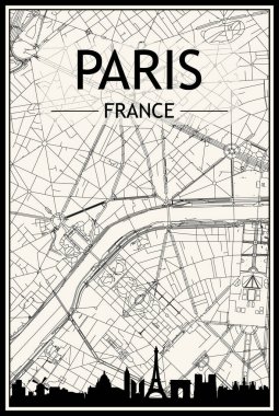Açık renkli şehir afişi panoramik siluet çizgisi ve el çizimi sokak ağı şehir merkezindeki PARIS 'in klasik bej arka planında.