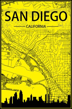 SAN DIEGO, CALIFORNIA 'nın sarı ve siyah arkaplanlı panoramik silueti ve elle çizilmiş sokak ağıyla altın baskılı şehir posteri