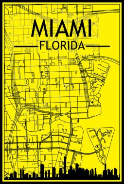 Panoramik silueti olan altın renkli şehir posteri ve MIAMI şehir merkezi FLORIDA 'nın sarı ve siyah arka planında elle çizilmiş sokak ağı