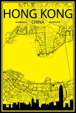 Altın baskılı şehir posteri panoramik silueti ve el çizimi sokak ağı ile Hong Kong şehir merkezinin sarı ve siyah arkaplanı, ÇİN