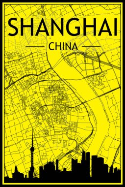 ŞANGHAI, ÇİN 'in sarı ve siyah arka planında panoramik silueti ve elle çizilmiş sokak ağıyla altın baskılı şehir posteri