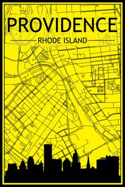 Panoramik silueti olan altın renkli şehir posteri ve şehir merkezi PROVIDENCE, RHODE ISLAND 'ın sarı ve siyah arkaplan üzerine elle çizilmiş sokak ağı