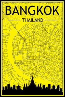 Panoramik silueti olan altın renkli şehir posteri ve BANGKOK şehir merkezinin sarı ve siyah arka planında elle çizilmiş sokak ağı, THAILAND