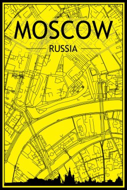 MOSCOW, RUSSIA şehir merkezinin sarı ve siyah arka planında panoramik silueti ve elle çizilmiş sokak ağıyla altın baskılı şehir posteri