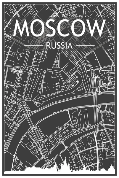 ダウンタウンの暗い灰色の背景にパノラマのスカイラインと手描きの通りのネットワークを持つ暗い印刷都市のポスターMoscow ロシア — ストックベクタ