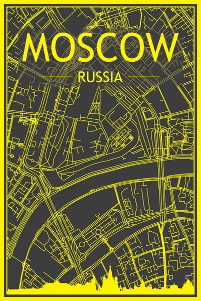 街の中心部の暗い灰色の背景にパノラマのスカイラインと手描きの通りのネットワークを持つ黄色の印刷都市のポスターMoscow ロシア — ストックベクタ