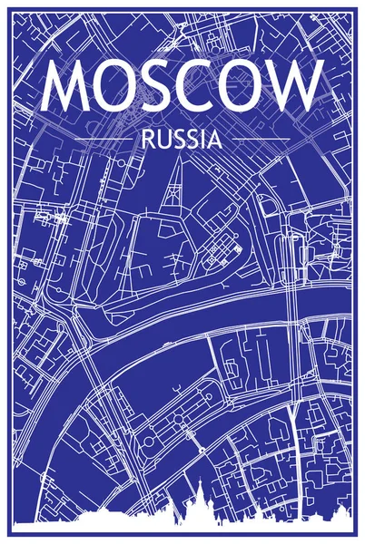 ダウンタウンの青い背景にパノラマのスカイラインと手描きの通りのネットワークを持つ技術的な図面印刷都市ポスターMoscow ロシア — ストックベクタ