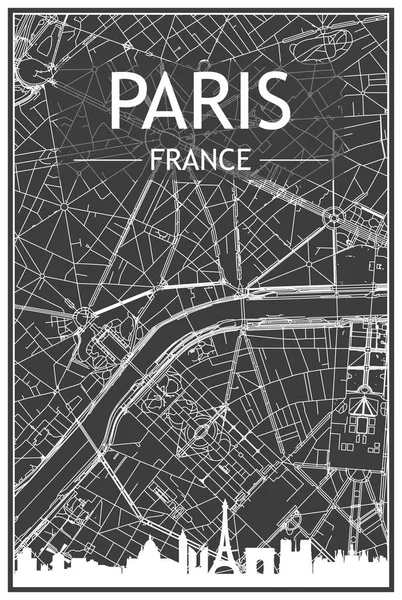 在法国巴黎市中心灰暗的背景下 带有全景天际线和手工绘制的街道网络的城市黑暗印刷品海报 — 图库矢量图片