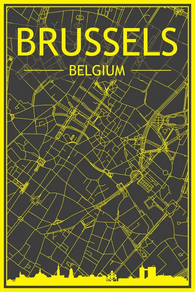 옐로우 프린트 포스터에는 파노라마로 스카이라인 벨기에 Brussels 의어두운 배경에 손으로 — 스톡 벡터